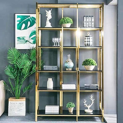 304 201 Champagne Gold Hairline Brushed Mirror Stainless Steel Metal Display Bookshelf Cabinets