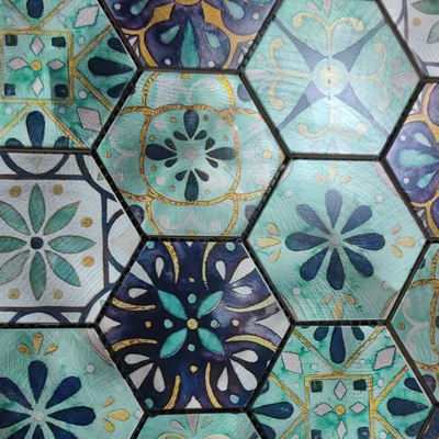 Europe hexagon shape flower leaf patterns ink-jet printing aluminum mosaic tile for wall decoration