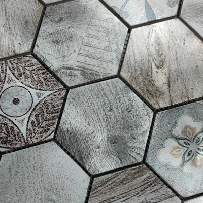 Europe white color hexagon type leaf flower patterns ink-jet printing aluminum mosaic tile for wall decoration