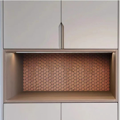 2023 Modern Style Small Round Rose Gold Titanium White Metal Stainless Steel Mosaic Restaurant Hotel Wall Decoration