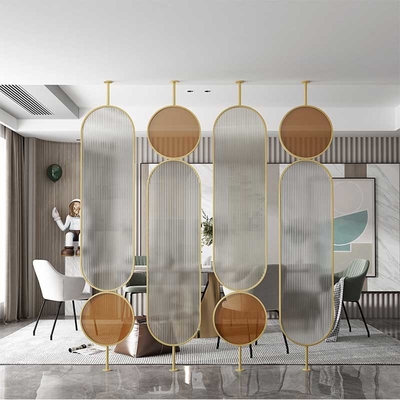 Gold Color Stainless Steel Screen Partition Round Shape Hairline With Art Glass Living Room Decoration Fashion Style